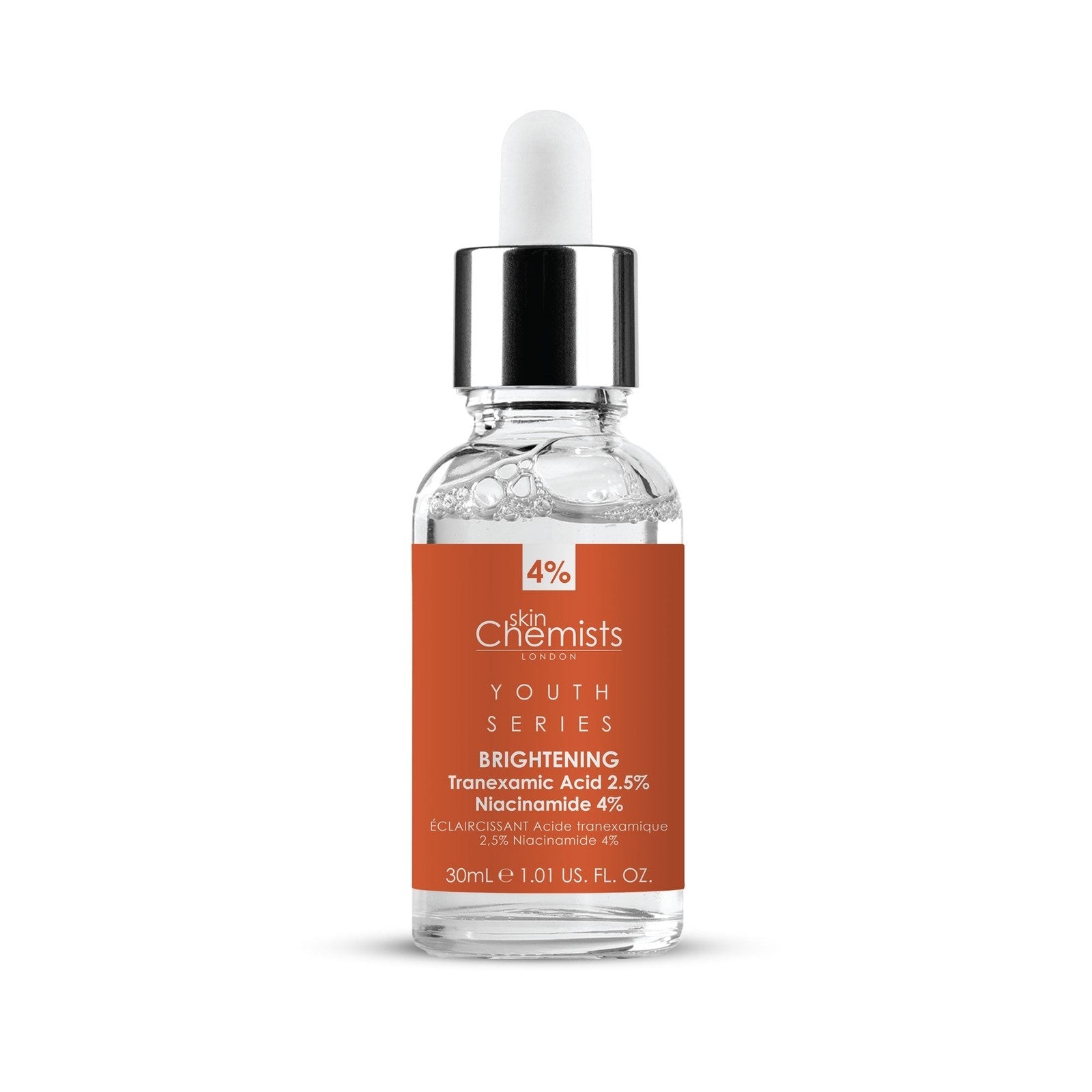 Skincare serum bottle with orange label on a white background