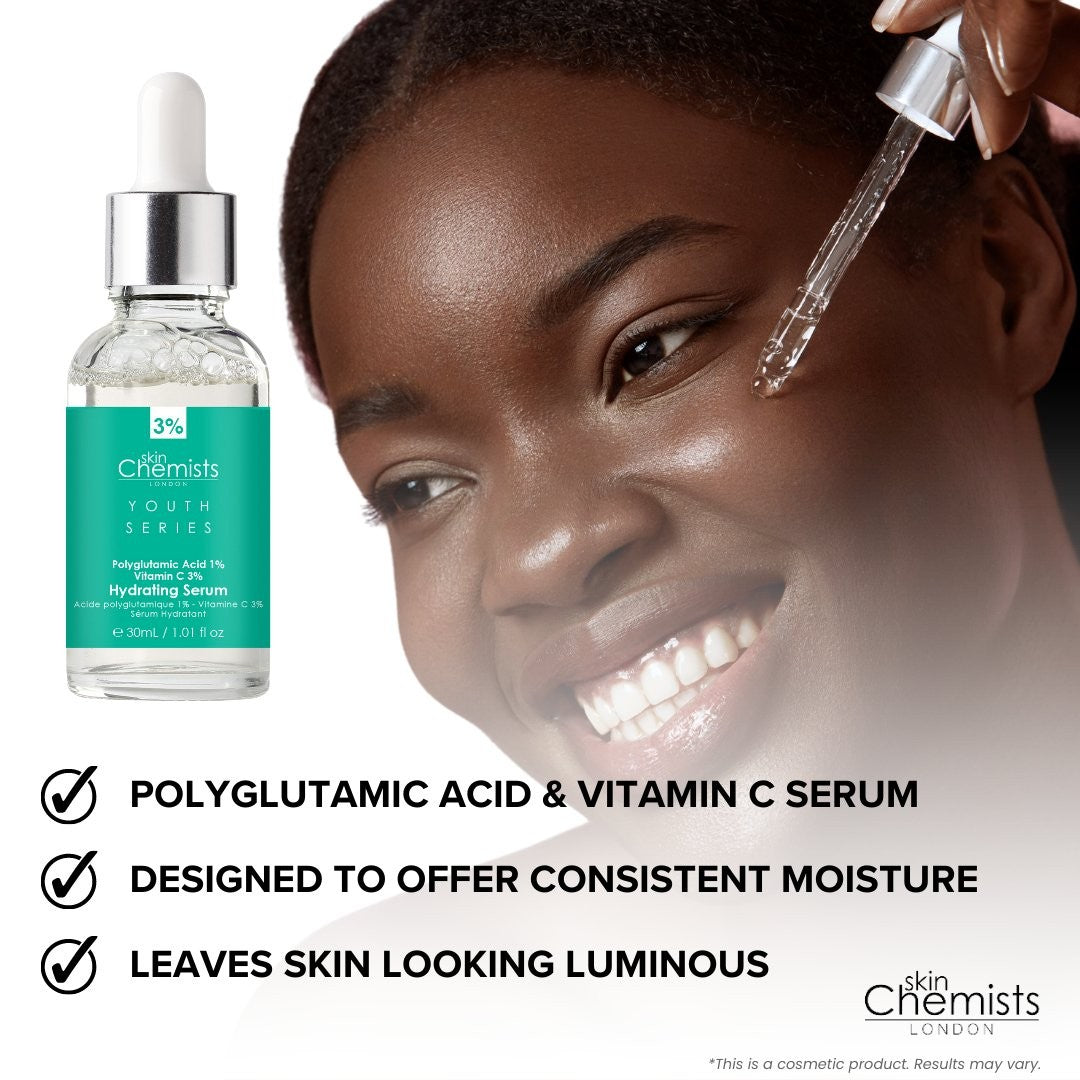 Woman applying a skincare serum with a bottle of 'The Skin Chemists' serum on a white background.