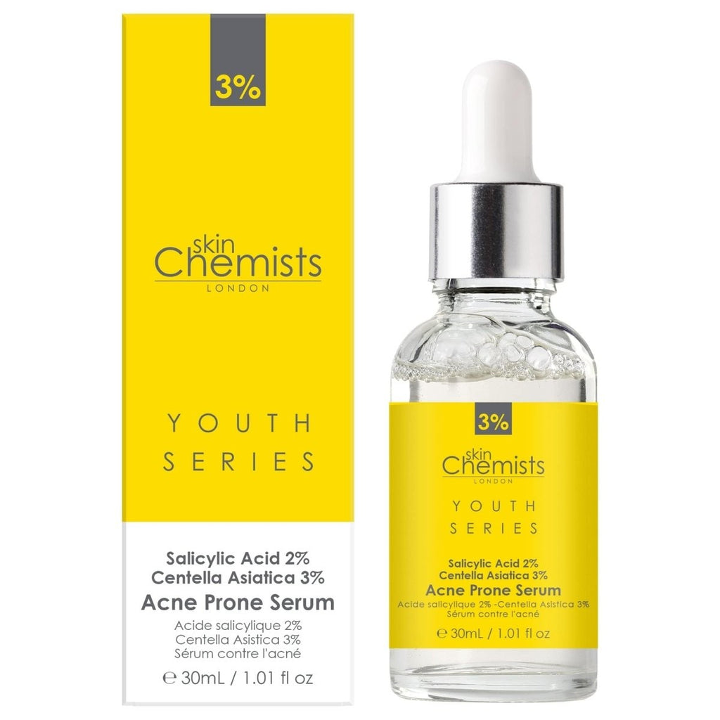 skinChemists London Youth Series Acne Prone Serum bottle and packaging on a white background