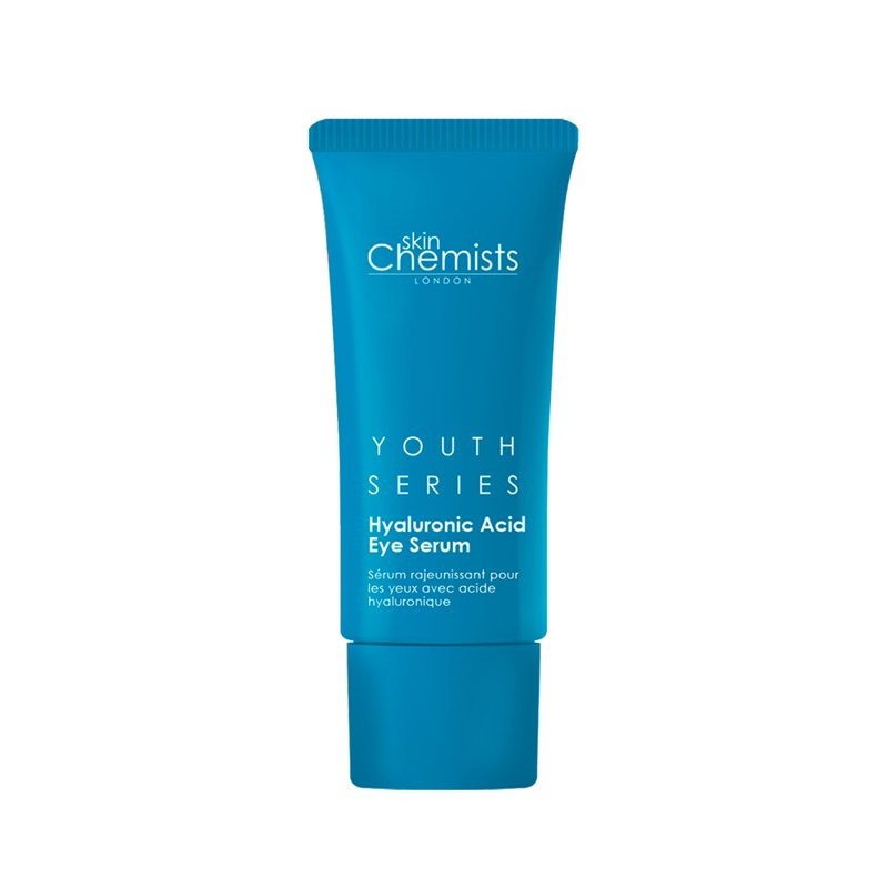 Blue tube of skinChemists London Youth Series Hyaluronic Acid Eye Serum on a white background