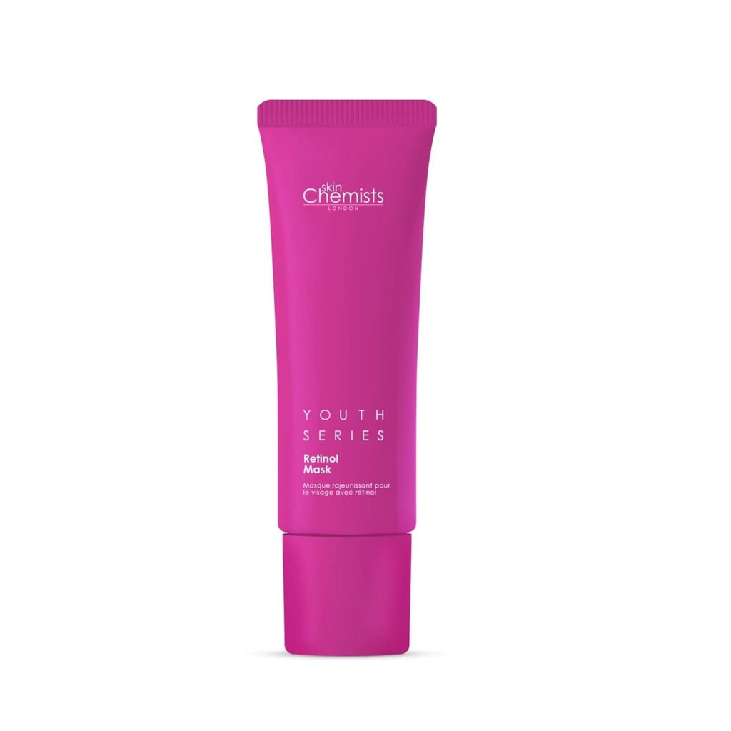 Pink tube of 'Youth Series' retinol mask on a white background