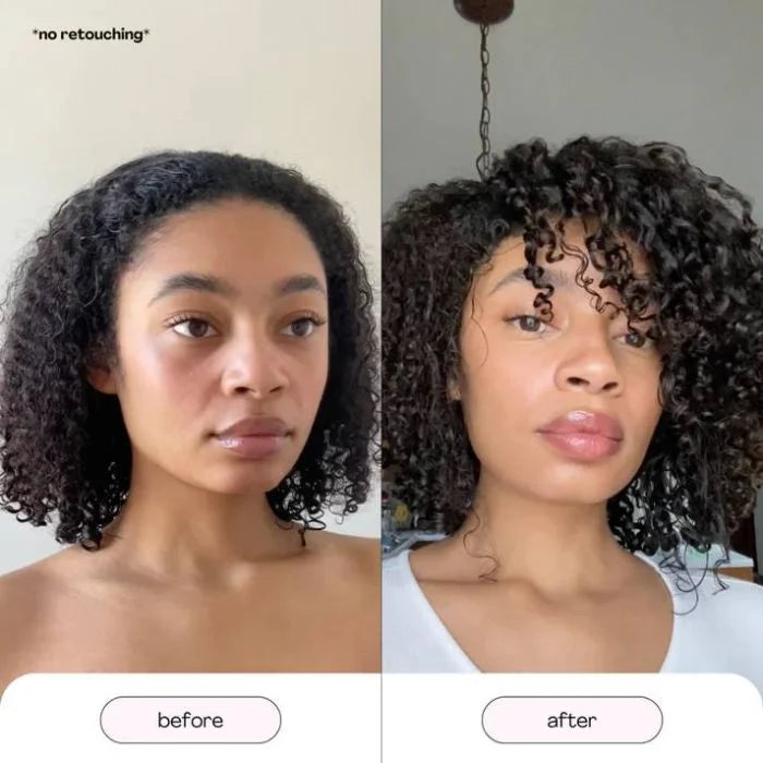 Before and after comparison of a woman with natural hair, labeled 'no retouching'.