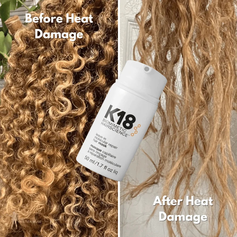 Before and after heat damage comparison with K18 hair product.