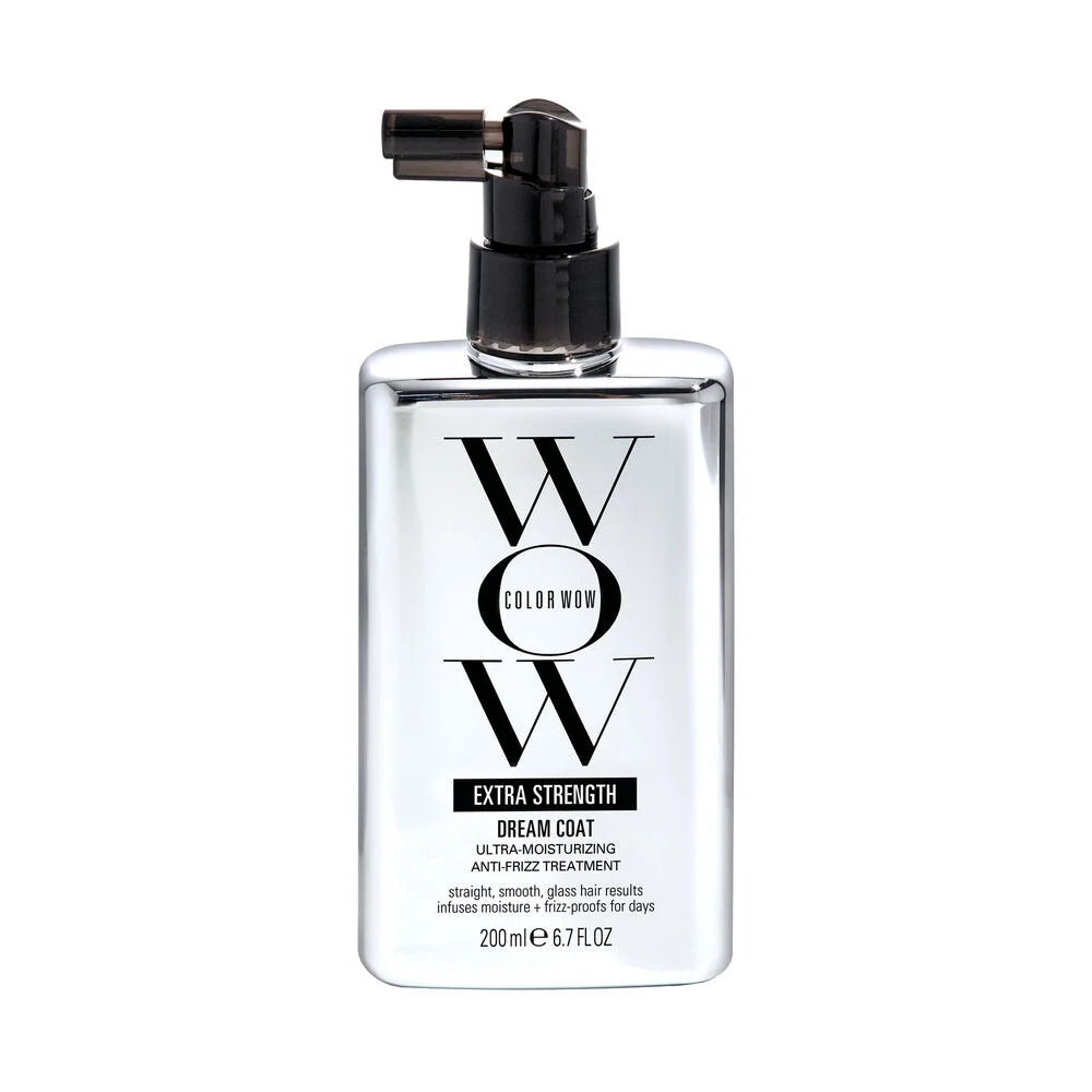Clear bottle with black nozzle labeled 'Color Wow Extra Strength Dream Coat' on a white background