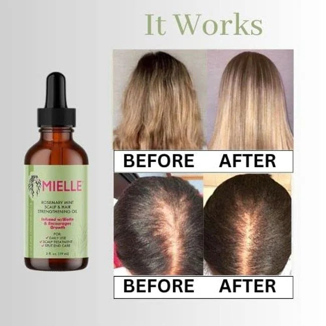 Mielle hair oil bottle with 'Before' and 'After' hair growth comparison on a light gray background