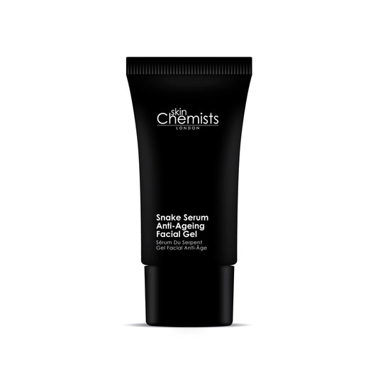 Black tube of 'skinChemists' Snake Serum Anti-Ageing Facial Gel on a white background