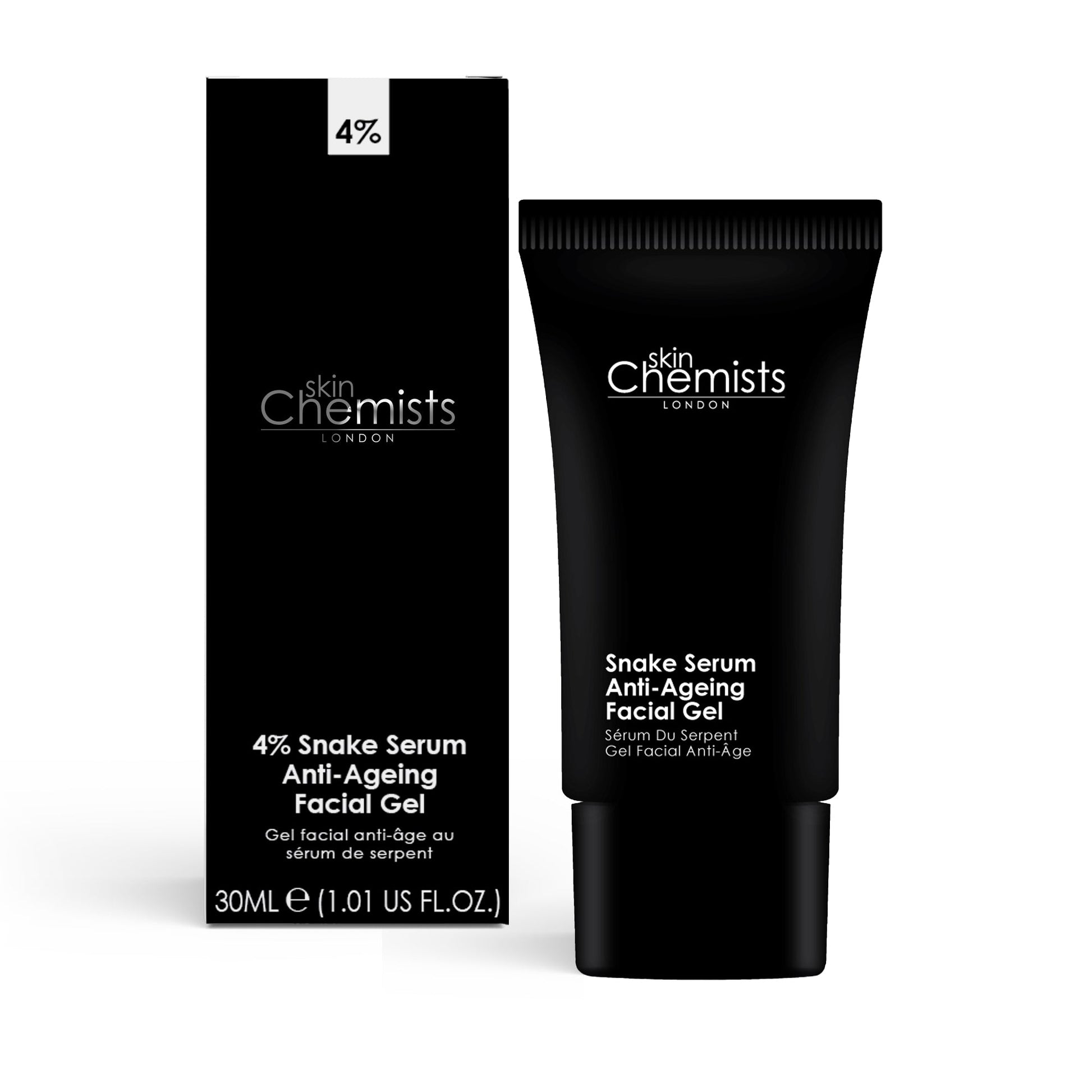 Black tube and packaging of 'skin Chemists London' Snake Serum Anti-Ageing Facial Gel on a white background