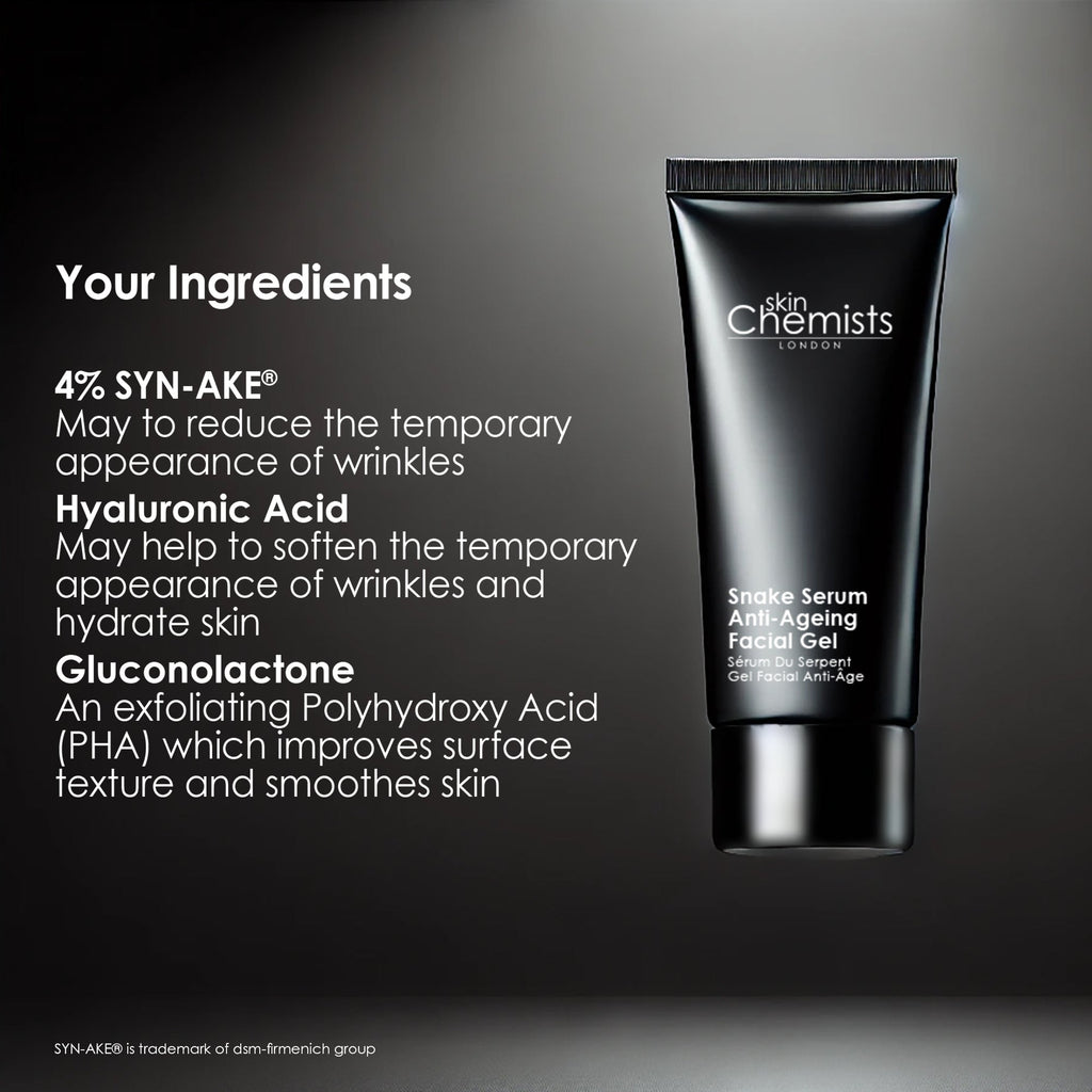 Black tube of 'skin Chemists' serum with ingredients listed on a dark background
