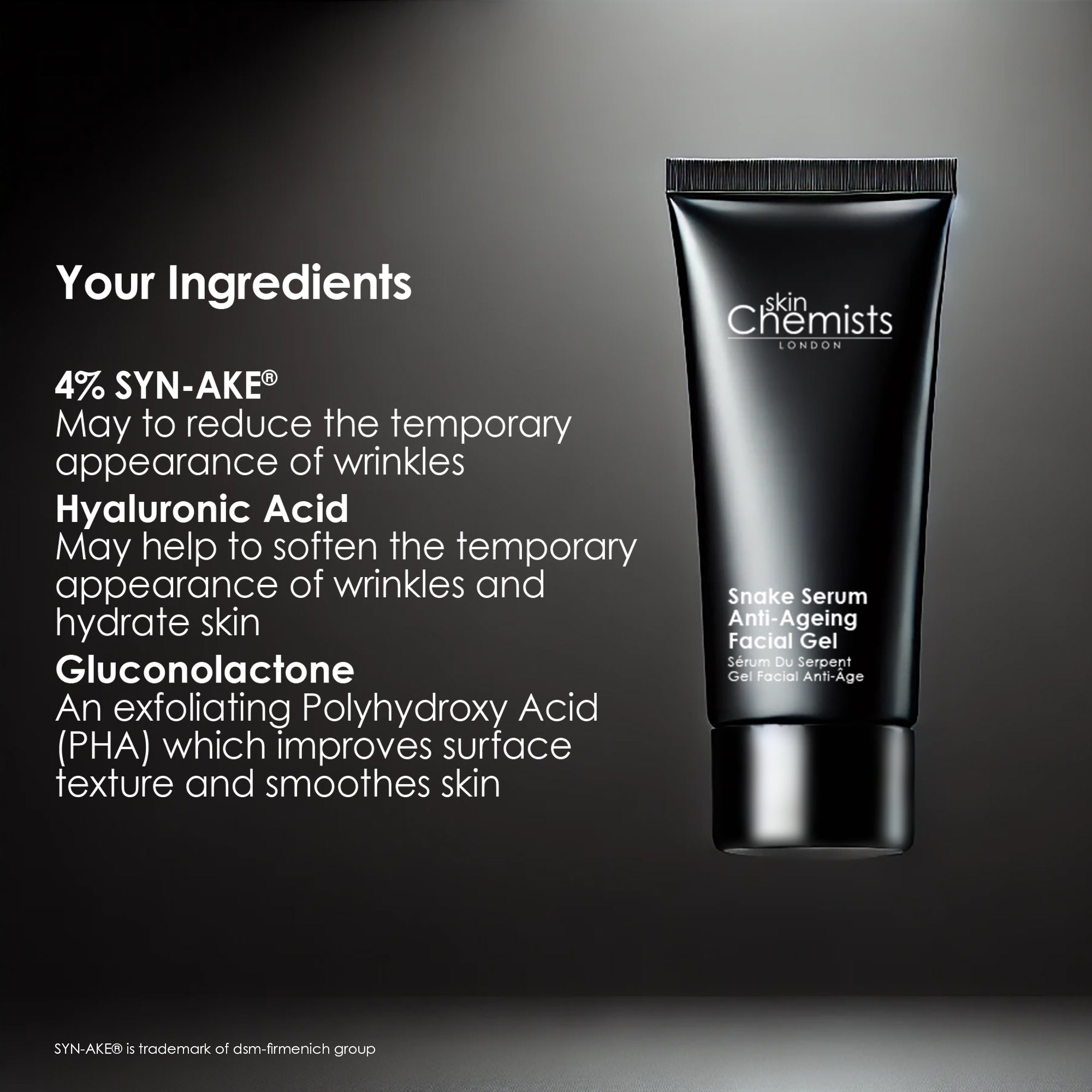 Black tube of 'skin Chemists' serum with ingredients listed on a dark background