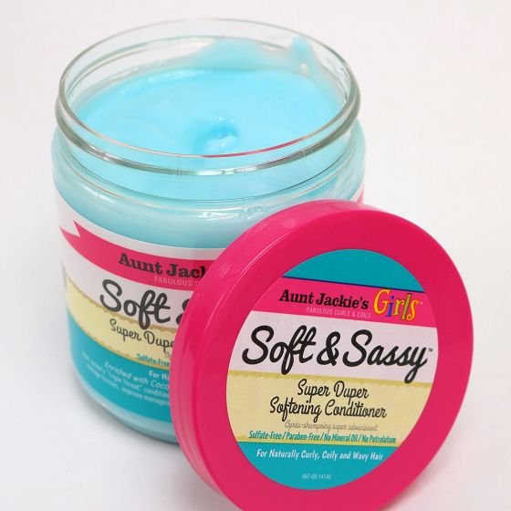 Jar of Aunt Jackie's Girls Soft & Sassy Super Duper Softening Conditioner with pink lid on a white background