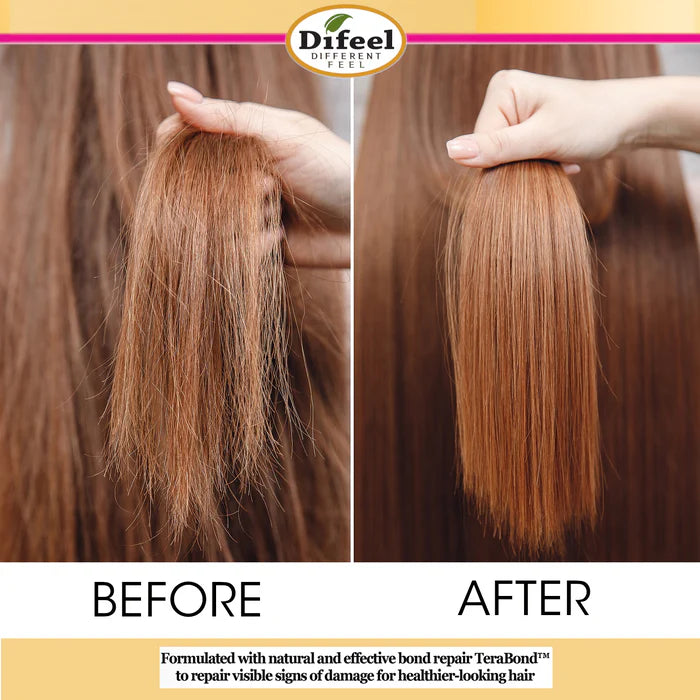 Before and after comparison of hair strands with Difeel product, showing improved health and shine.