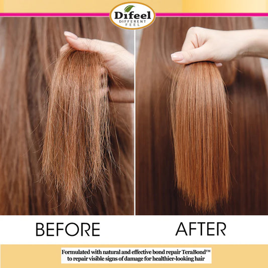 Before and after comparison of hair strands with Difeel product, showing improved health and shine.