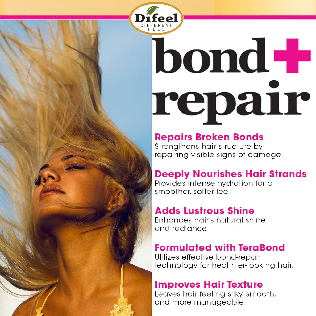 Advertisement for Difeel bond repair product with a woman's face and text about hair care benefits.