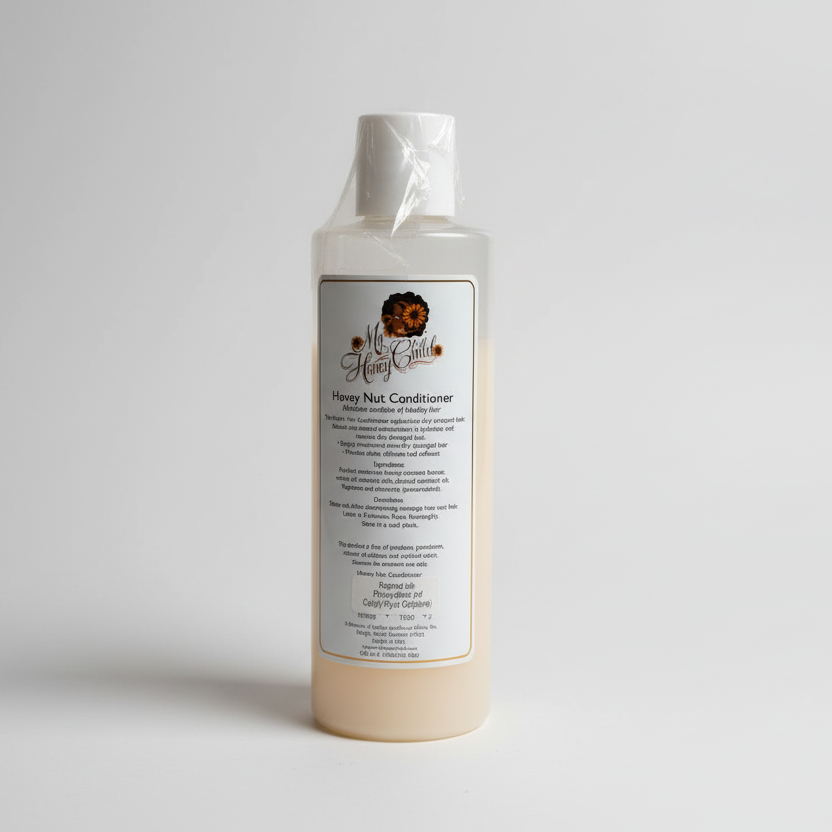 Bottle of honey nut conditioner with a label on a surface