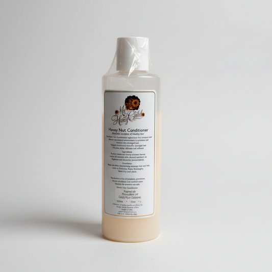Bottle of honey nut conditioner with a label on a surface