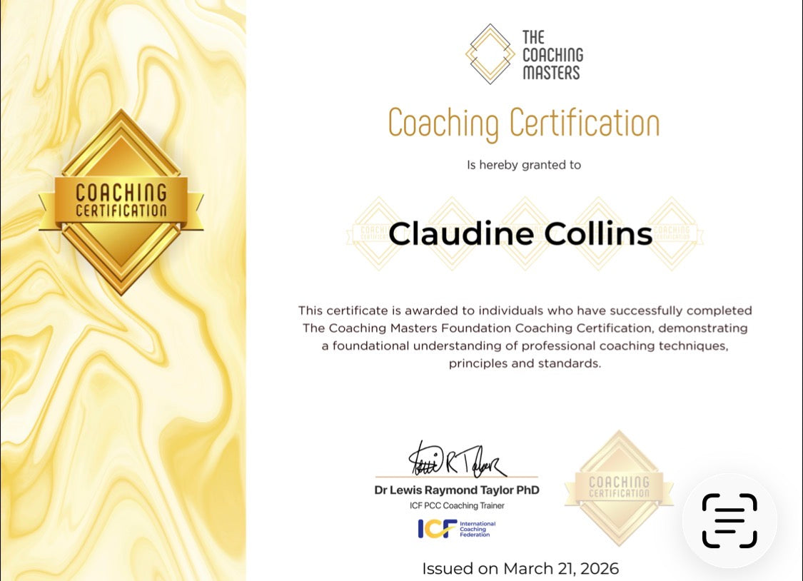 Coaching certification certificate for Claudine Collins with gold and white design