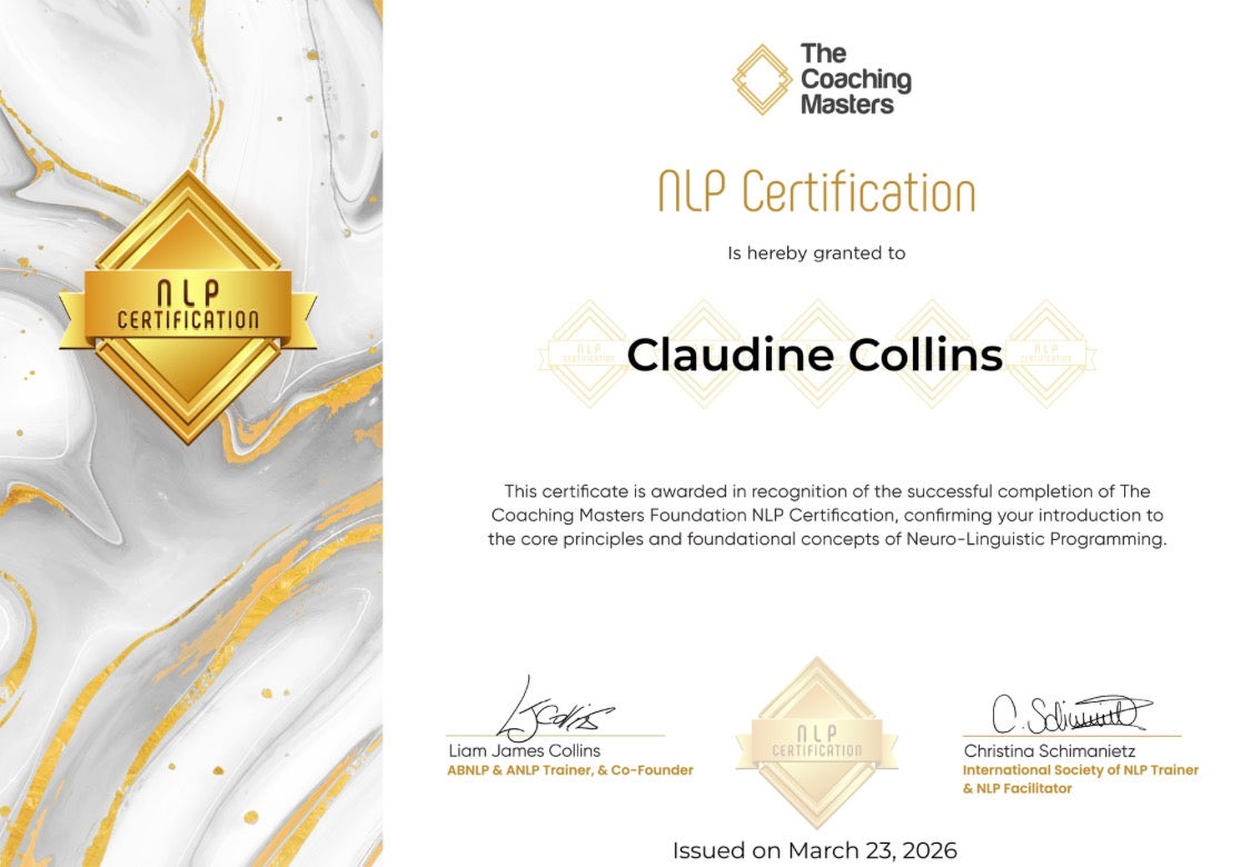 NLP Certification certificate for Claudine Collins with a gold and white design.