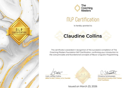 NLP Certification certificate for Claudine Collins with a gold and white design.