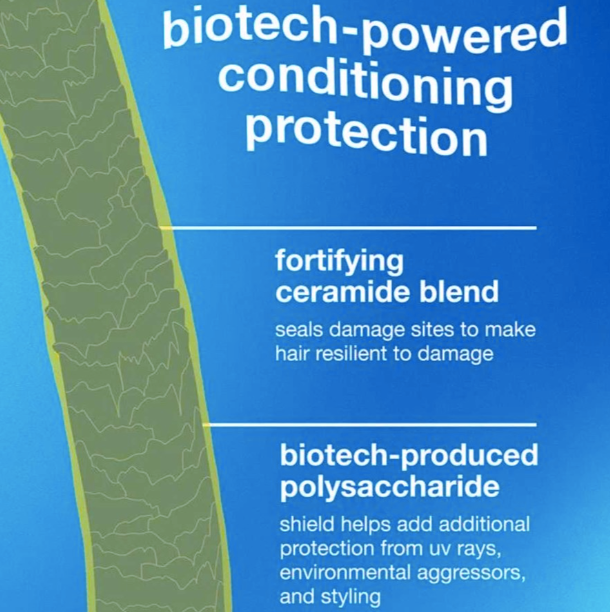 Product packaging with text about biotech-powered conditioning protection on a blue and green background.