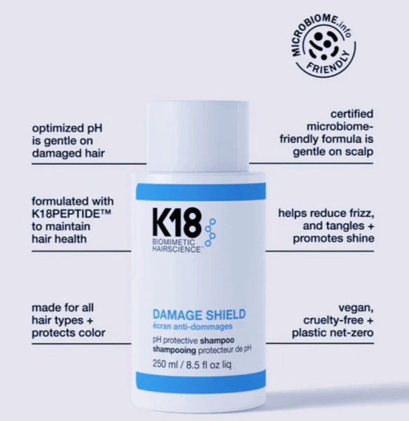 K18 Damage Shield shampoo bottle with product features on a light gray background