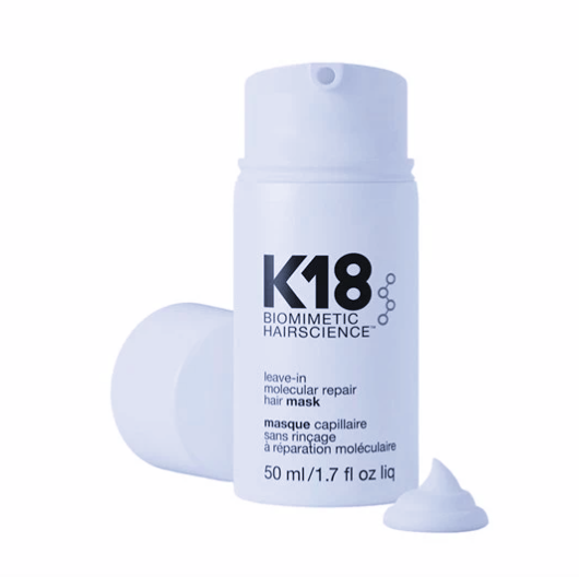 K18 biomimetic hairscience leave-in molecular repair hair mask bottle on a white background
