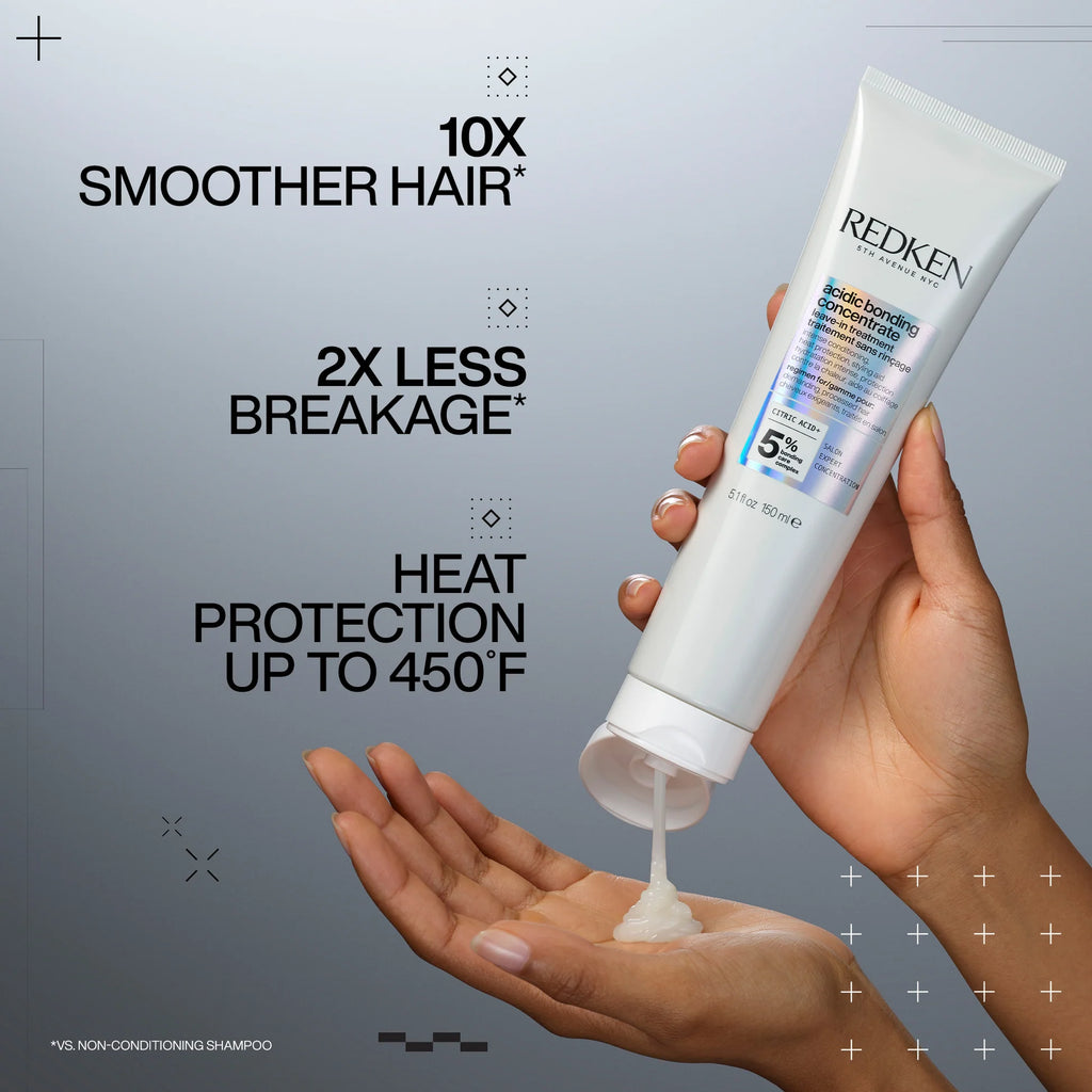 Redken hair product being held with text highlighting benefits on a gray background