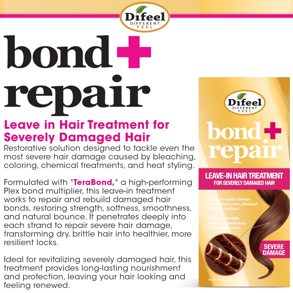 Difeel bond + repair leave-in hair treatment packaging with text on a white background