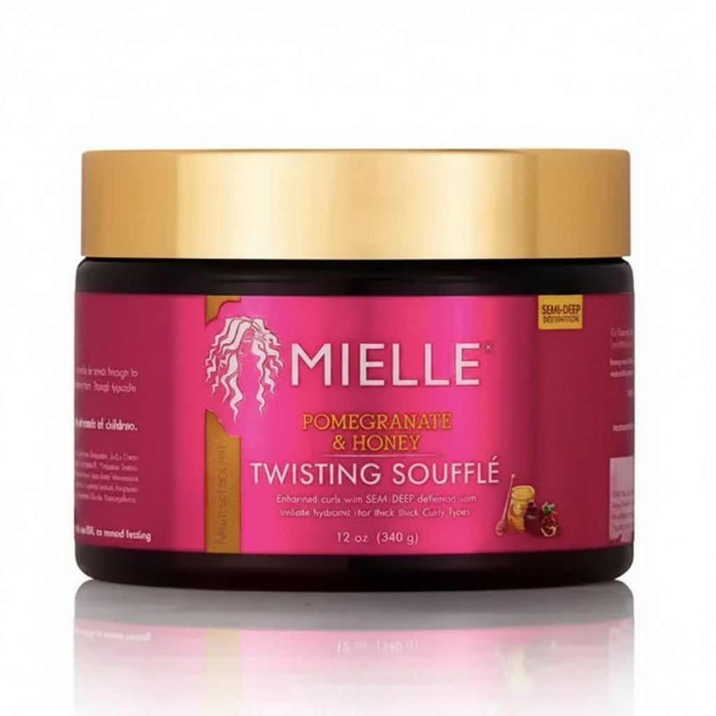 Mielle Pomegranate & Honey Twisting Souffle jar with gold lid on a white background