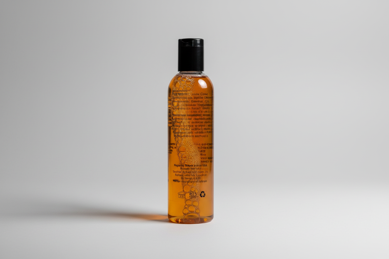 Bottle of brown liquid with bubbles on a textured white surface