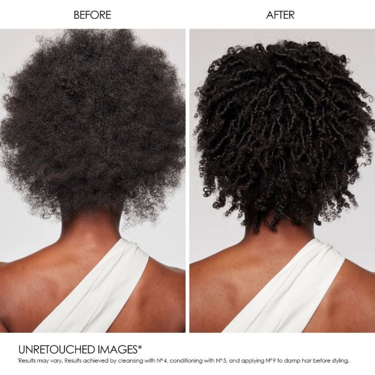Before and after comparison of hair styling with a person wearing a white top.
