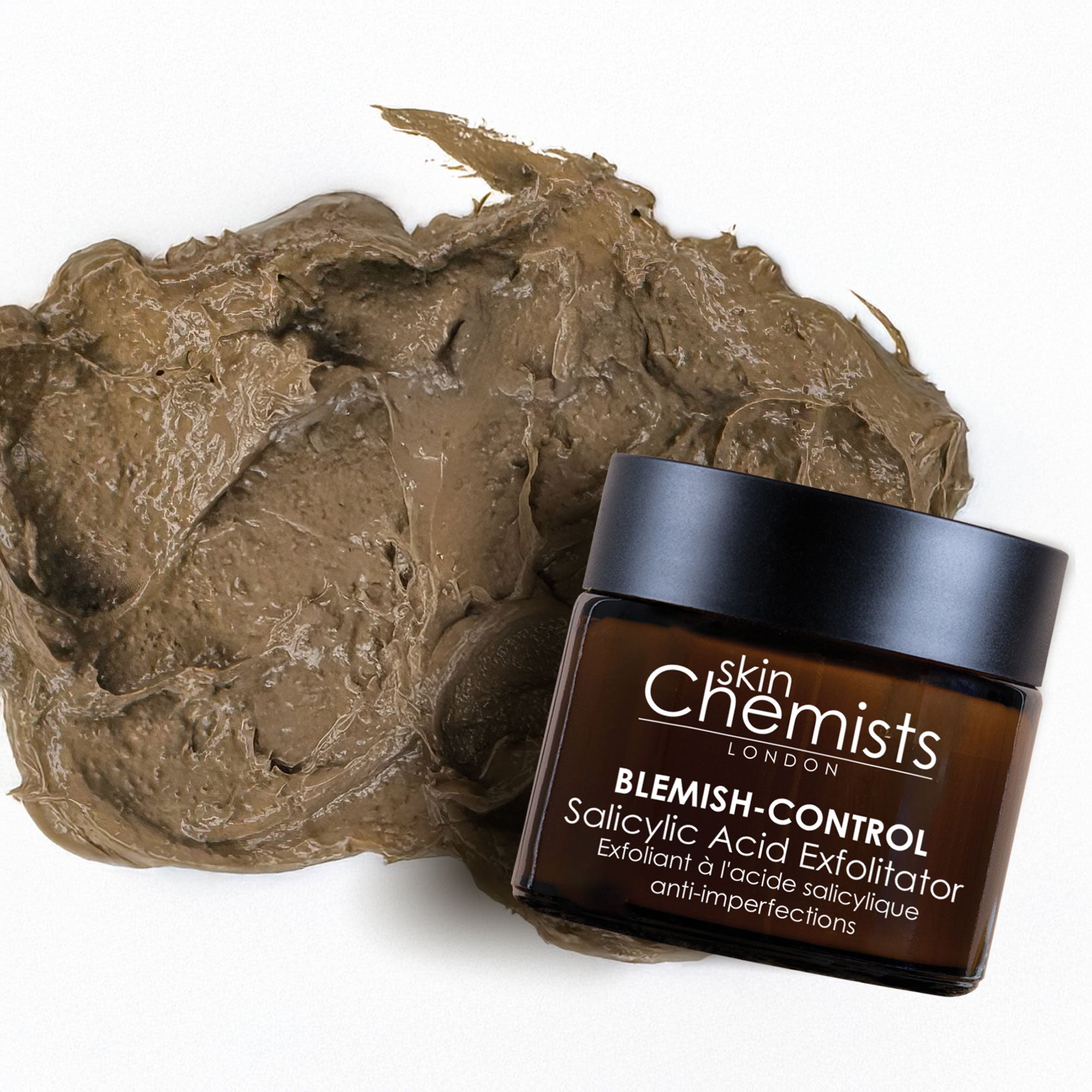 Jar of skinChemists Blemish-Control Salicylic Acid Exfoliator with brown泥 on a white background