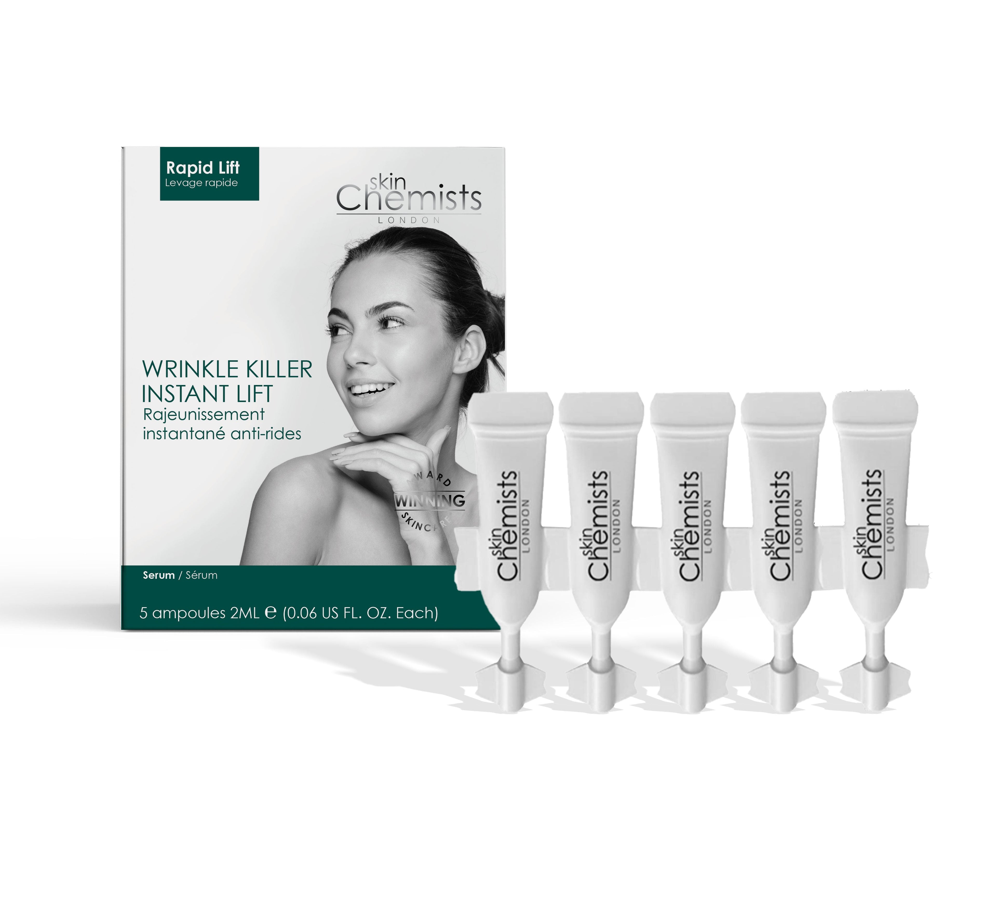 Packaging of skinChemists wrinkle killer serum with a woman's face on the box.