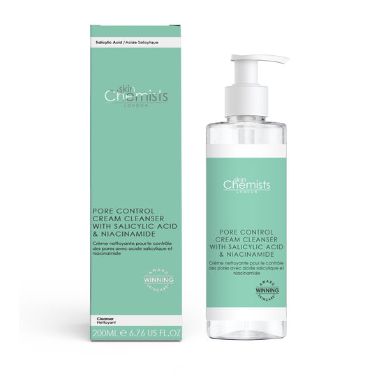 Pore control cream cleanser with packaging on a white background