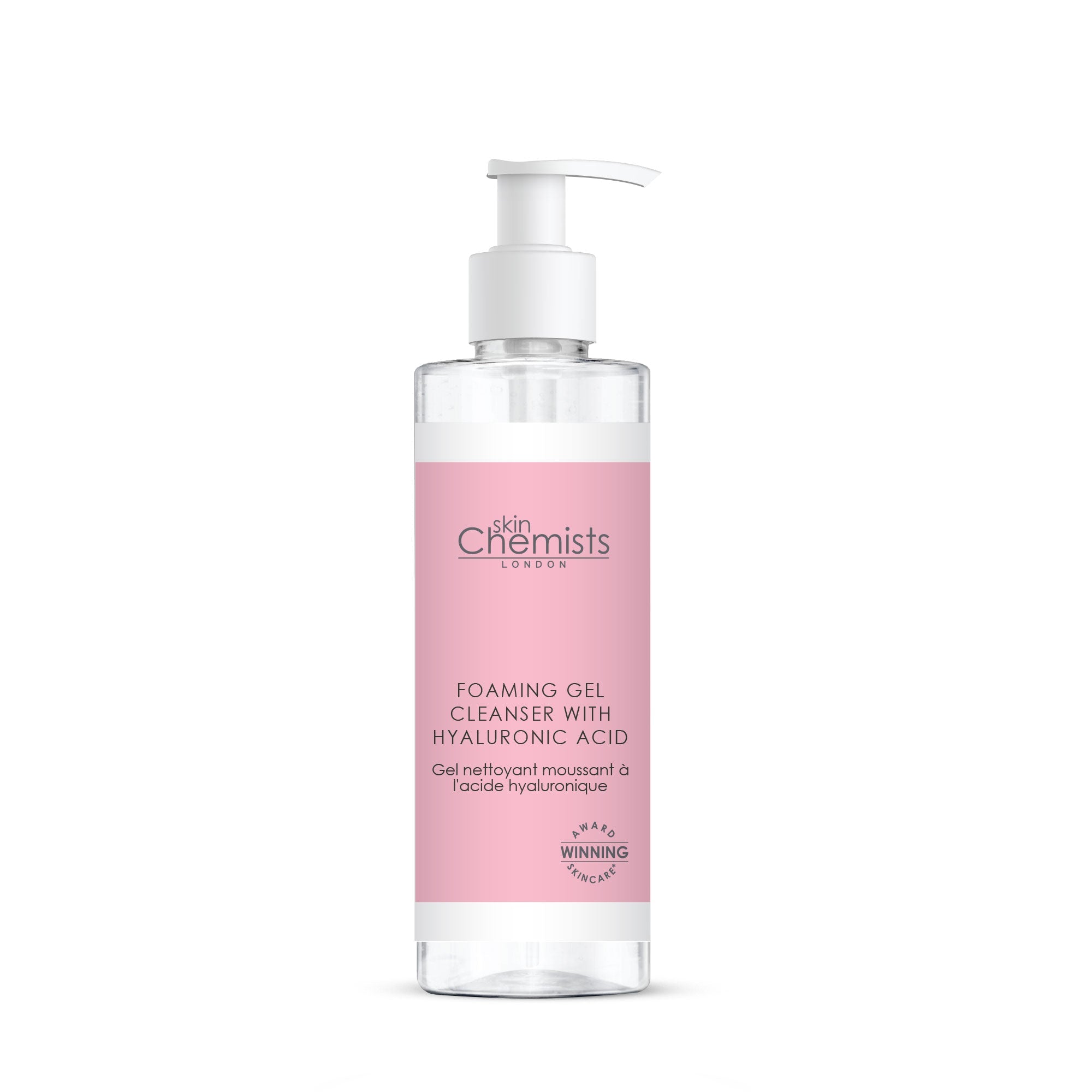 Bottle of 'skin Chemists London' foaming gel cleanser with pink label on a white background