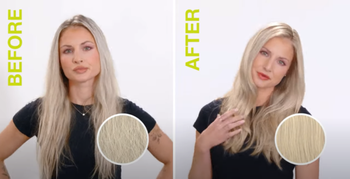 Before and after comparison of a woman with blonde hair, showing a color swatch for reference.
