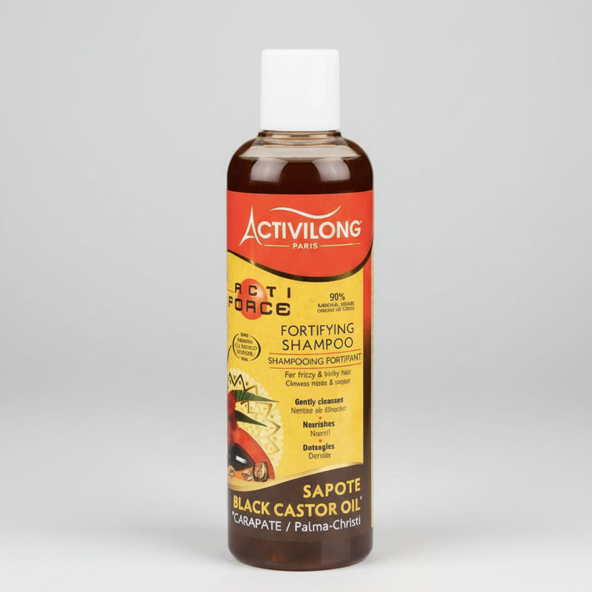 Bottle of Activilong Fortifying Shampoo with a yellow label on a white background