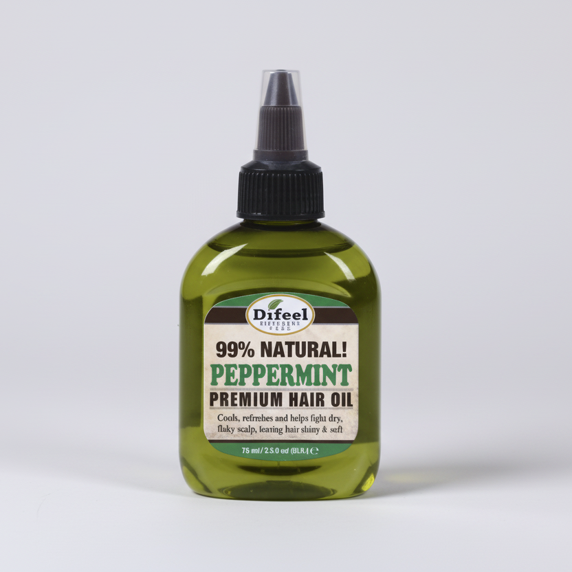 Bottle of Difeel Peppermint Premium Hair Oil on a white background