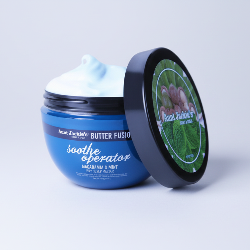 Blue jar of 'Butter Fusion' with a green lid on a white background