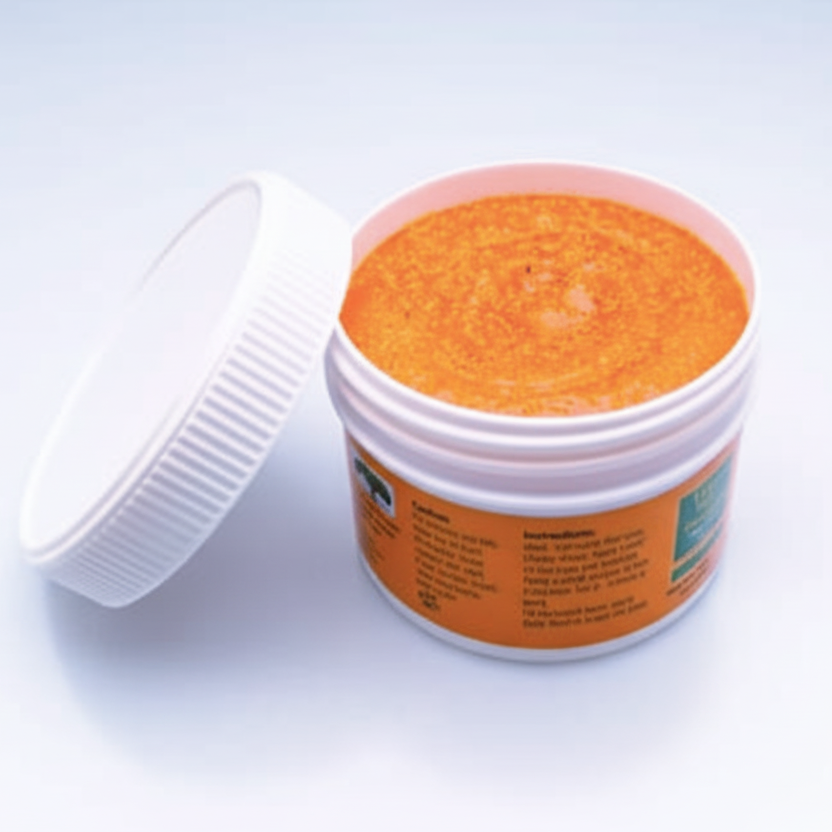 Open jar of orange powder with a white lid on a light gray background