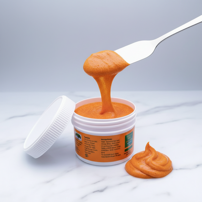 Open jar of orange powder with a white lid on a light gray background