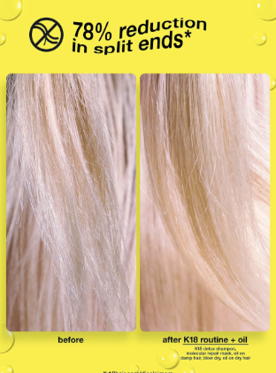 Before and after comparison of hair split ends on a yellow background with K18 branding.