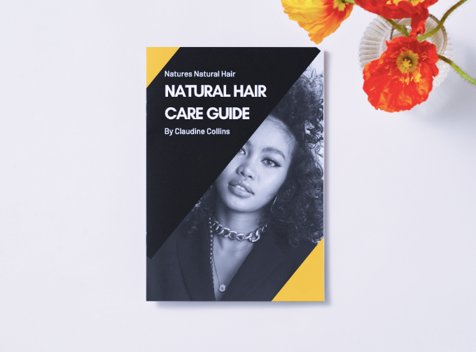 Book titled 'Natural Hair Care Guide' by Claudine Collins on a white background with flowers.