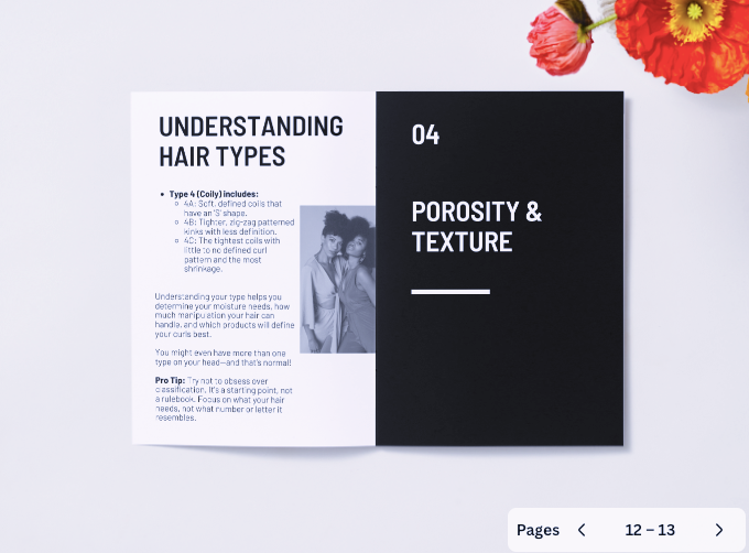 Page from a book or magazine about hair types with text and images on a white background.