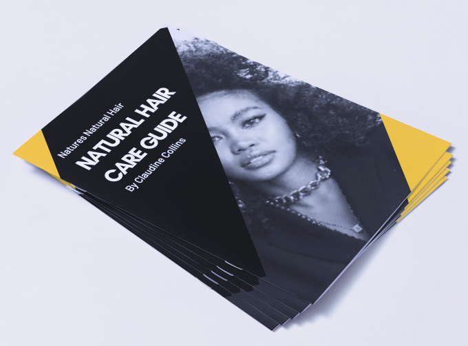 Stack of 'Natures Naturals Hair Natural Hair Care Guide' books with a woman's face on the cover.