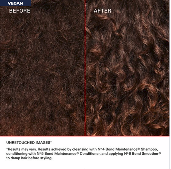 Comparison of curly hair before and after using a product, labeled 'Vegan'.