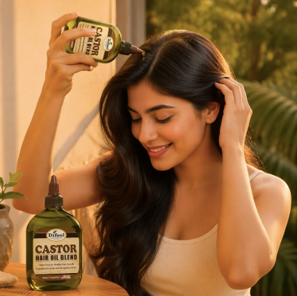 A woman with long dark hair applies Dr. Dravya Castor Hair Oil Blend from a green bottle to her scalp, with another bottle resting on a table in the foreground against a warm, sunlit indoor background.