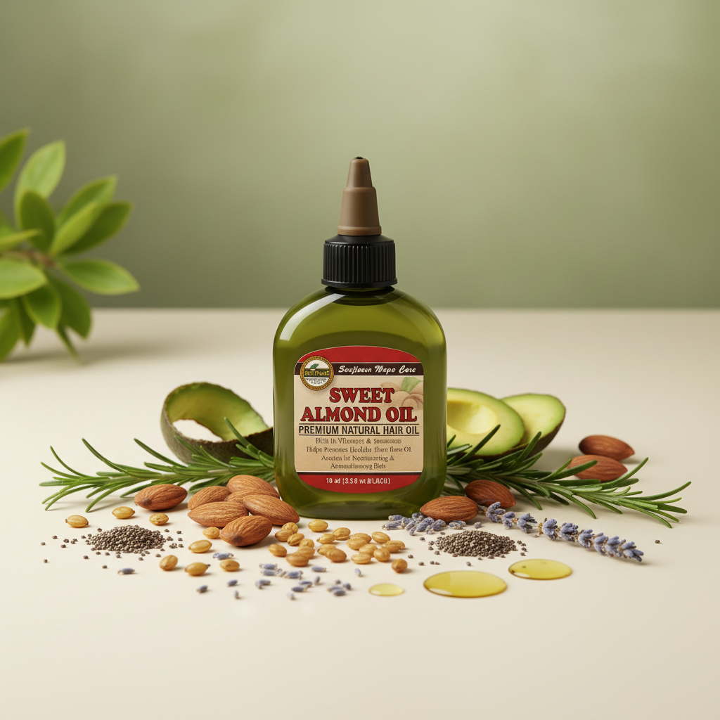 A bottle of Sunjoint Nose Care Sweet Almond Oil Premium Natural Hair Oil with a brown applicator cap, shown on a light gray background.