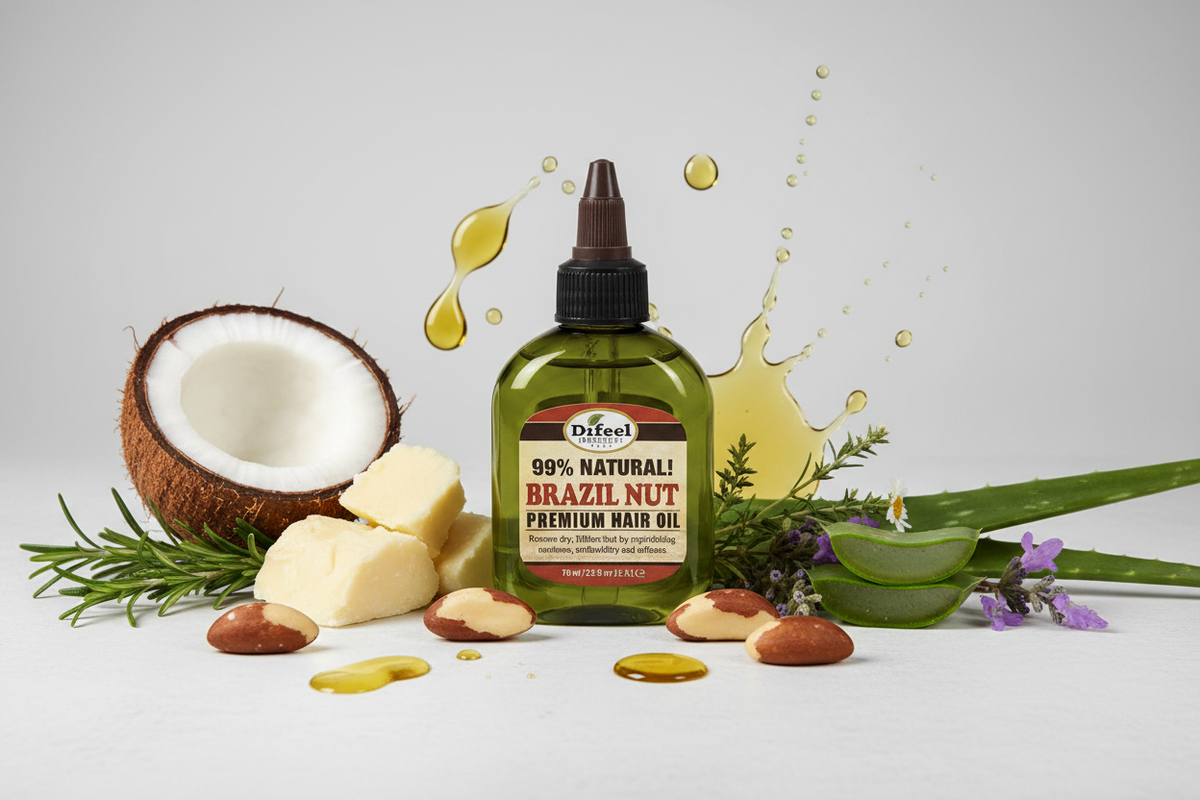 A bottle of Difeel Naturals Brazil Nut Premium Hair Oil, 70ml, featuring an olive green bottle, black dropper cap, and a cream-colored label with red and black text, set against a light gray background.