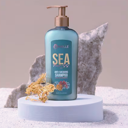 Shampoo bottle with 'Sea' label on a neutral background