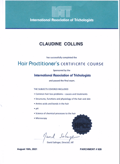 Hair Practitioner's Certificate Course completion certificate from the International Association of Trichologists.